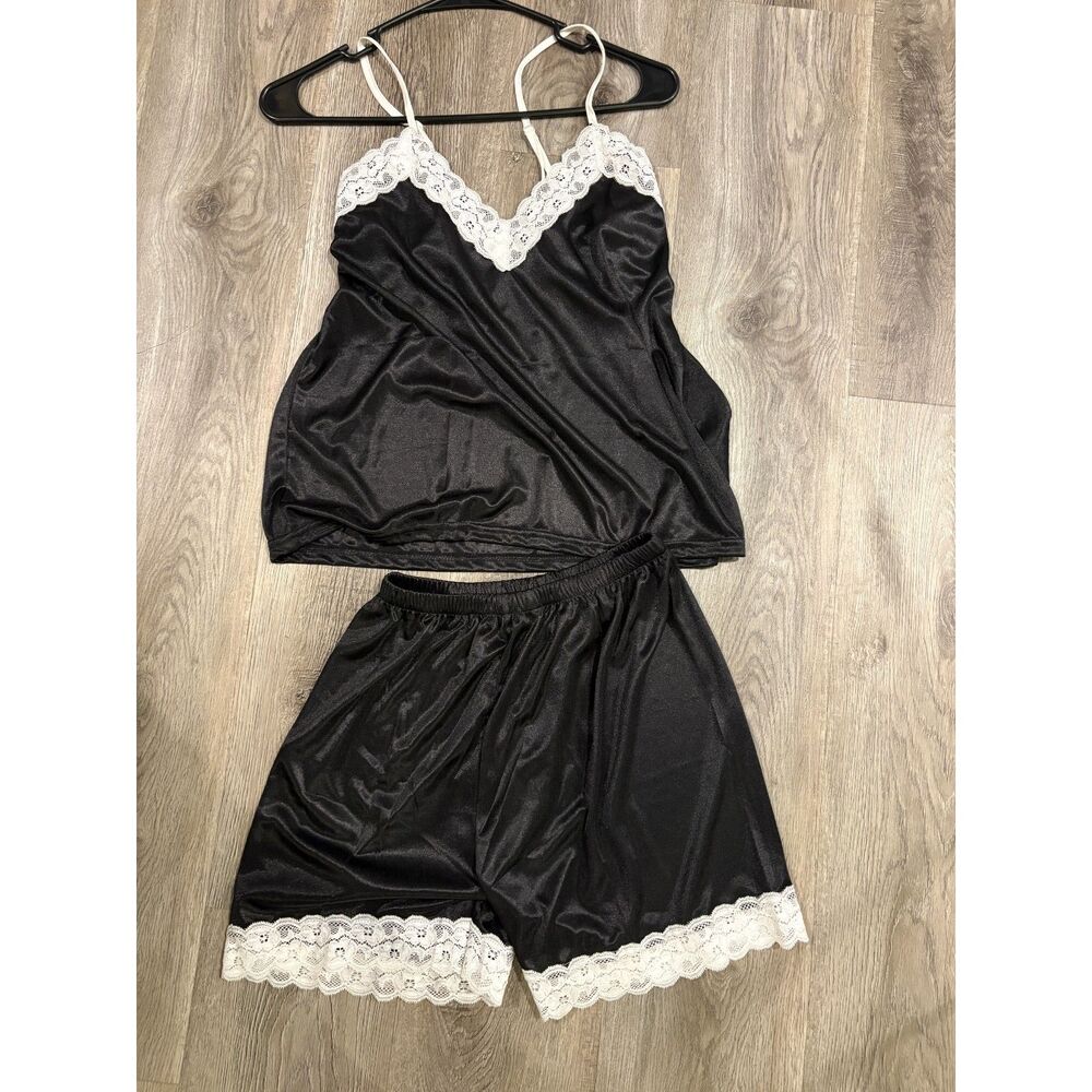 Black Satin Cami & Shorts Set with White Lace Trim NWT